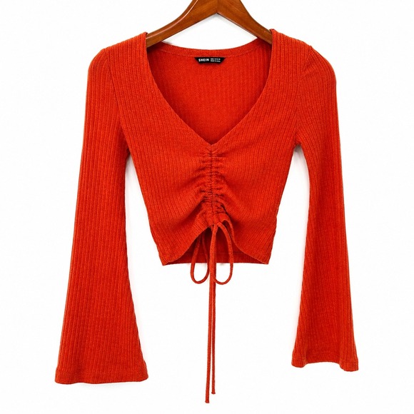 SHEIN Tops - SHEIN Womens Burnt Orange Ribbed Bell Sleeve Drawstring Ruched Crop Top Size S